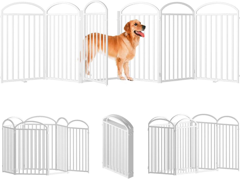 6 Panles Full Matel Freestanding Dog Gates with Door, 144"Extra Wide 36"Tall Free Standing Dog Pet Gate for Indoor & Outdoor. Foldable Pet Fences for Doorways, House, Stairs, Porch, Deck, Yard