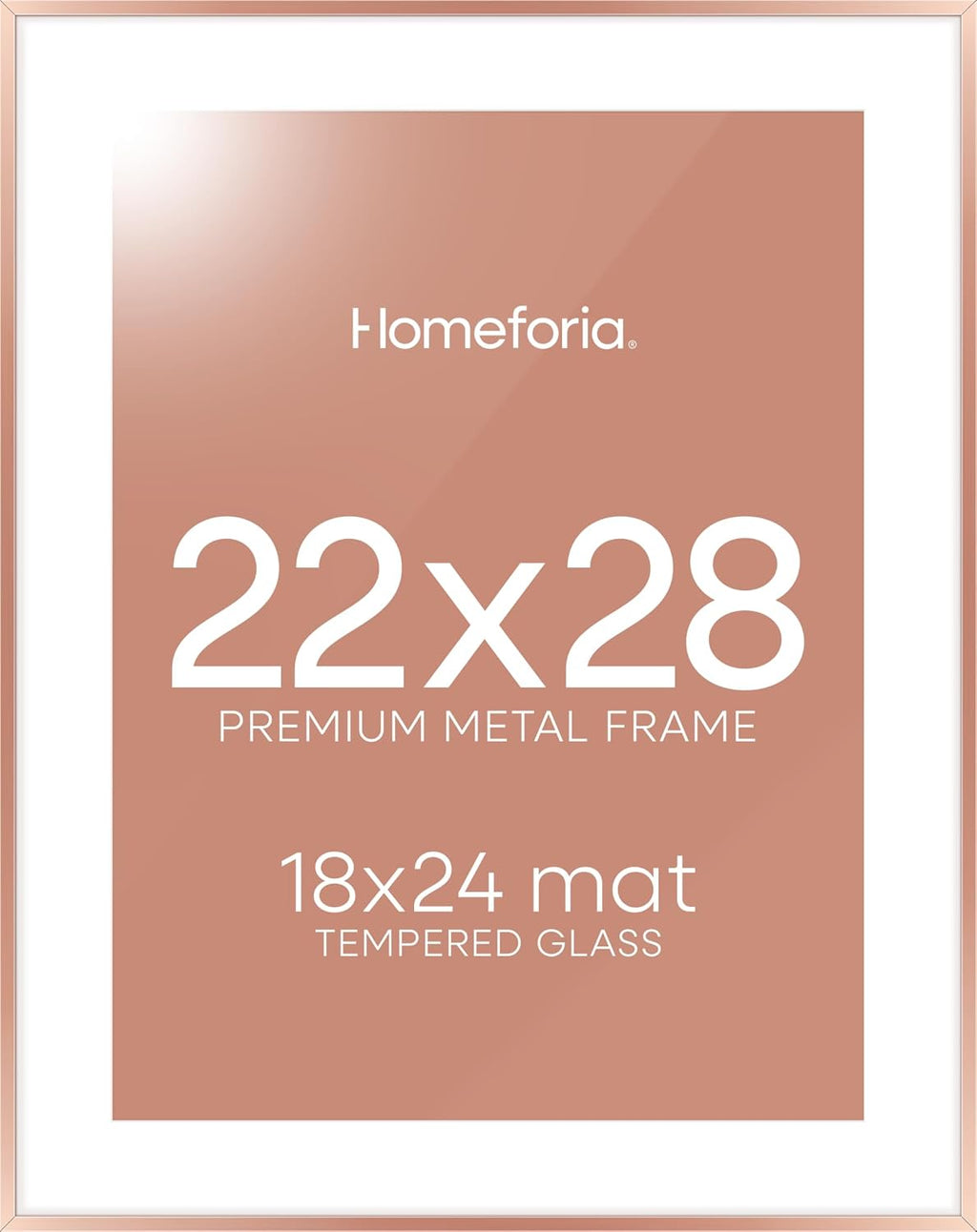 Homeforia 22x28 Rose Gold Picture Frame, High End Metal 22x28 Poster Frames with Mat 18x24 inch Photo, 22 x 28 Thin Frame Matted to 18 x 24 Print, 28x22 Large Frame, Tempered Glass, Wall Kit, Set of 1