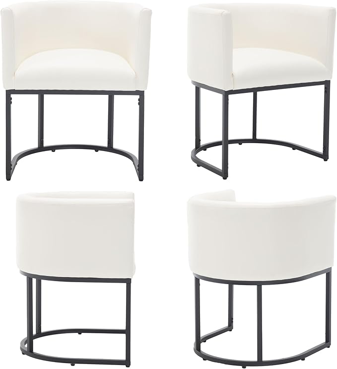 Faux Leather Dining Chairs Set of 6 Modern Barrel Arm Chairs with Black Metal Frame, Upholstered Kitchen Chairs 18.5" Wide Accent Chairs for Living Room Dining Room Restaurant, White