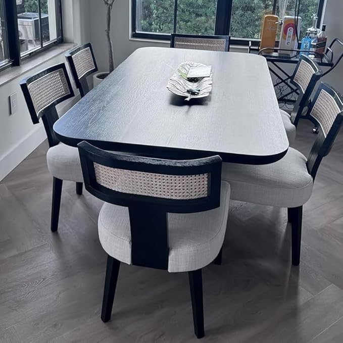 Rattan Dining Chairs Set of 2, Modern Dining Chairs Kitchen Dining Room Chair, Curved Cane Back Upholstered Linen Fabric Dining Chair with Black Wood Frame, Beige