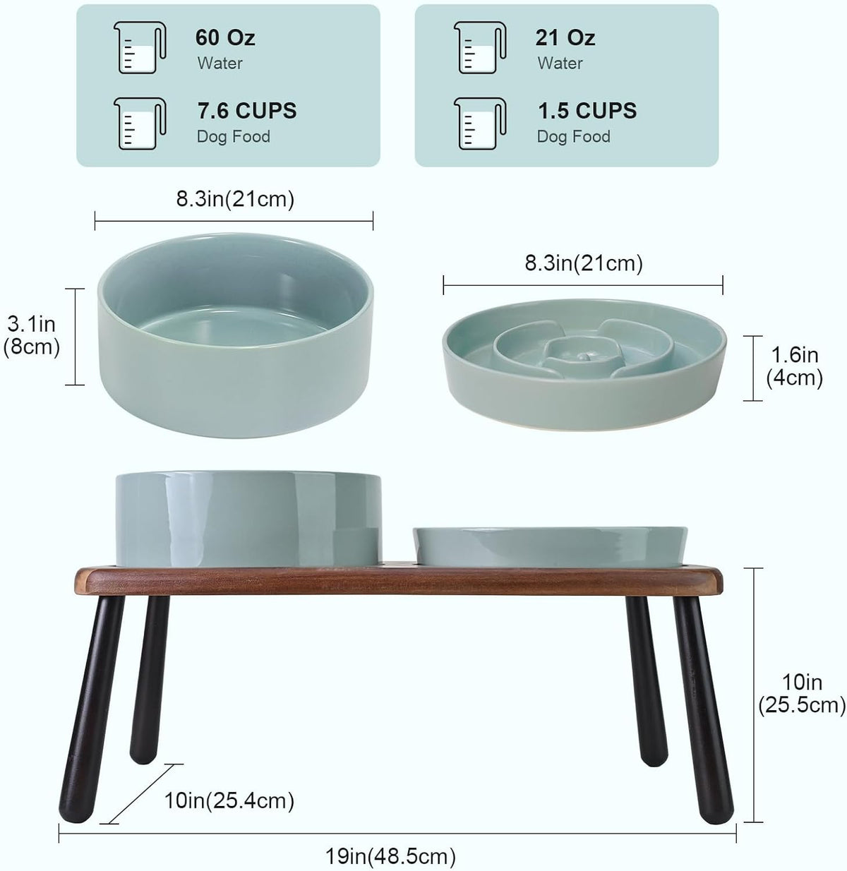 SPUNKYJUNKY Ceramic Elevated Dog Bowls with Slow Feeder Raised Acacia Bamboo Wooden Stand, 8.3'' Dog Food Water Bowls Set Non-Slip for Medium Large Sized Breed Microwave Dishwasher Safe - Light Green