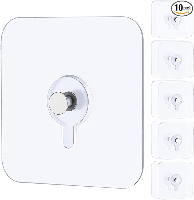 Uniclife 10 Pcs Self Adhesive Picture Hooks 40 lbs Load 2.64" Heavy Duty Picture Hangers Without Nails Adhesive Wall Hooks for Hanging Transparent Waterproof Frame Hangers Sticky Hooks for Bathroom
