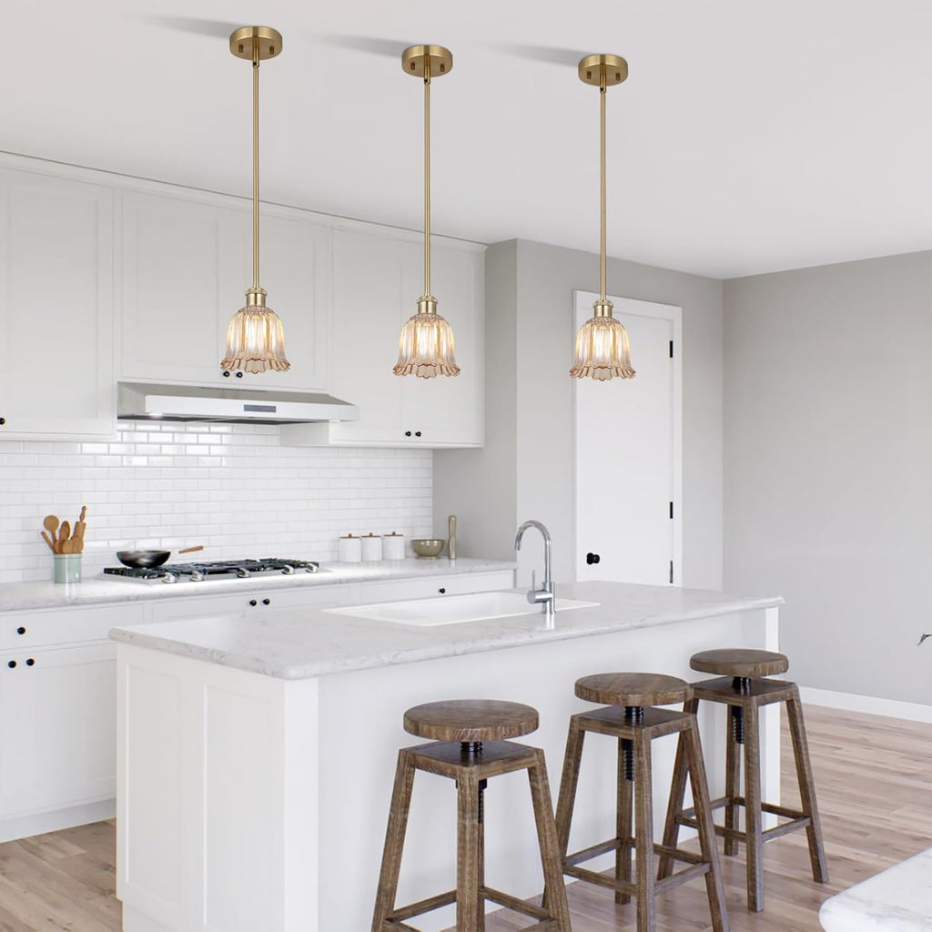 Modern Gold Pendant Light Brushed Brass Mid Century Chandelier Amber Glass Shades Adjustable Rods Farmhouse Ceiling Hanging Lighting Fixture Kitchen Island Dining Room Bedroom