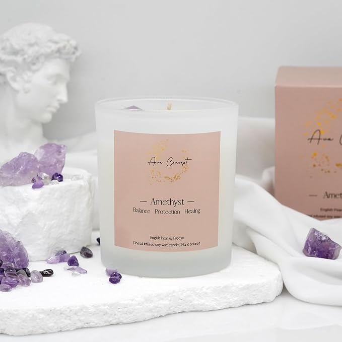 Healing Crystal Candle, Scented Candle Infused Amethyst and Clear Quartz Crystals, English Pear&Freesia Scented,Positivity Energy Wellness, Gift for Women Aromatherapy Clean Vegan 10Oz Jar