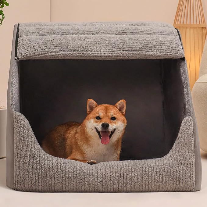 Extra Large Dog Bed House, Cozy Dog House Indoor, Memory Sponge, Plush Dog Cave Bed Crate Cushion with Non-Slip Bottom for Medium Large Dogs (Grey, L)