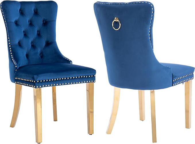 Luxury Upholstered Dining Chairs Set of 2, Blue Kitchen Chair with Golden Metal Legs, Velvet Tufted Back Dining Chair, Sillas de Comedor, Modern Kitchen & Dining Room Chairs (Blue, 2 Pcs)