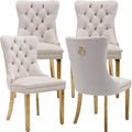 Luxury Upholstered Dining Chairs Set of 4, Beige Kitchen Chair with Golden Metal Legs, Velvet Tufted Back Dining Chair, Sillas de Comedor, Modern Kitchen & Dining Room Chairs (Beige, 4 Pcs)