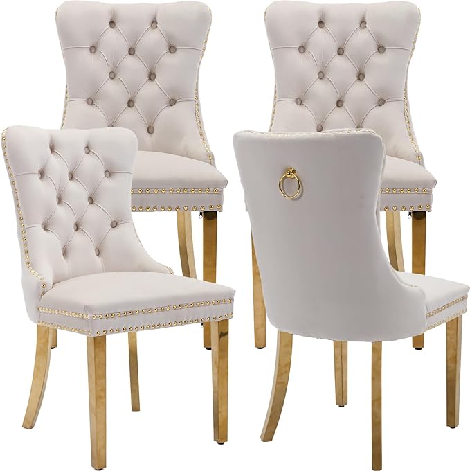 Luxury Upholstered Dining Chairs Set of 4, Beige Kitchen Chair with Golden Metal Legs, Velvet Tufted Back Dining Chair, Sillas de Comedor, Modern Kitchen & Dining Room Chairs (Beige, 4 Pcs)