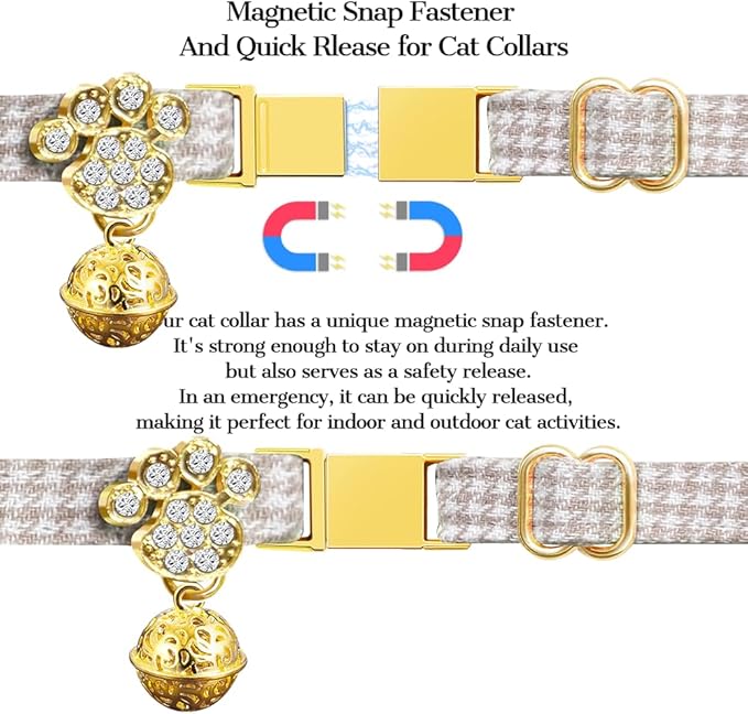 Personalized Breakaway Cat Collars - Magnetic Buckle, Bell - Safety Quick Release, Customized for Girls & Boys Cats- (Houndstooth-Khaki)