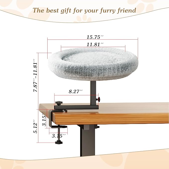 Cat Bed for Desk with Adjustable Height & 360 Rotation Elevated, Heavy-Duty Cat Desk Bed for Small Space, Soft & Comfortable Modern Unique Kitten Furniture, Indoor Cats Up to 60 lbs (Gray)
