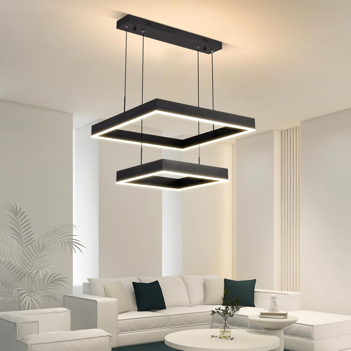 Modern Led Rectangle Chandelier for Dining Room, Dimmable Black Modern Chandelier with Remote, Adjustable Foyer Lighting Fixture