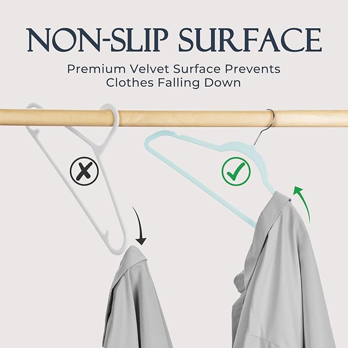 HOUSE DAY Sky Blue Velvet Hangers 60 Pack, Non Slip Clothes Felt Hanger Heavy Duty for Coat, Premium Slim Space Saving Suit Hangers for Closet Organizer, 360° Rotating Silver Hook