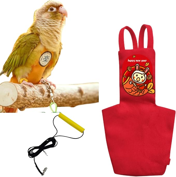 MANON ROSA Bird Diapers Leash Set Washable Reusable Handmade Flight Suit Waterproof Inner Layer - Protective Parrot Nappy Clothes Parakeets Macaws Budgies Canaries (Red2,Blue Quaker Parrot)