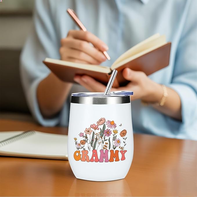 Grammy Grandma Birthday Gifts Wine Tumbler 12 oz Insulated Wine Glass Cup with Lid Straw Vacuum Insulated Travel Cup, Grandma Gifts from Granddaughter for Women Grandmother Christmas Mothers Day