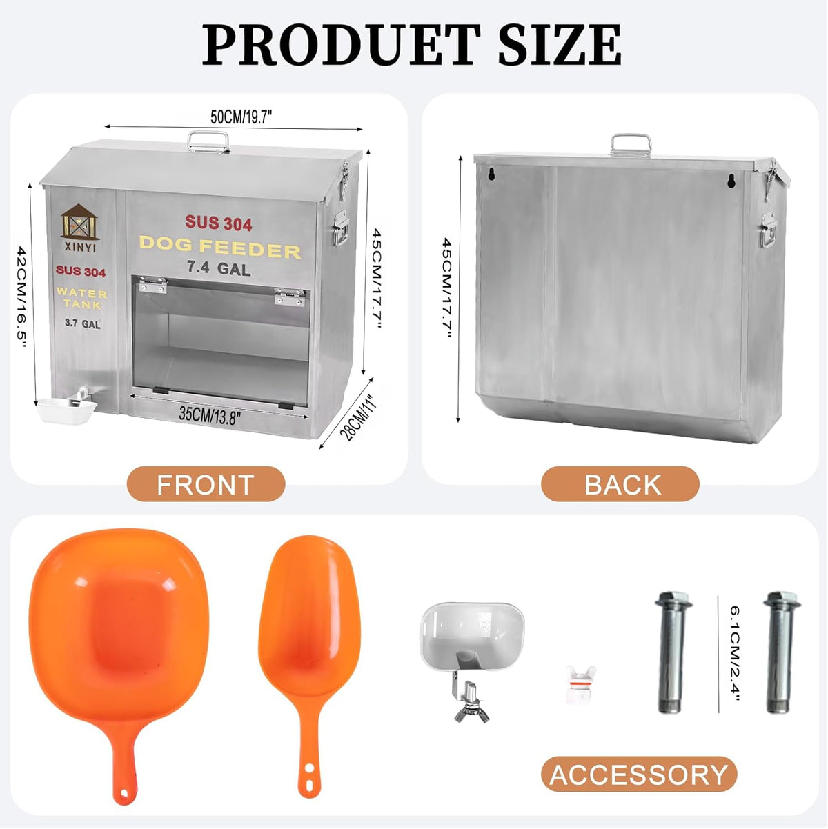 XINYI Automatic Dog Feeder and Waterer 2-in-1,SU304 Stainless Steels 3.7 Gallon Water Tank with 1 Aluminum Alloy Water Cup, 7.4 Gallon Dog Food Dispenser,Automatic Feeder for Pets, Breed, Cat