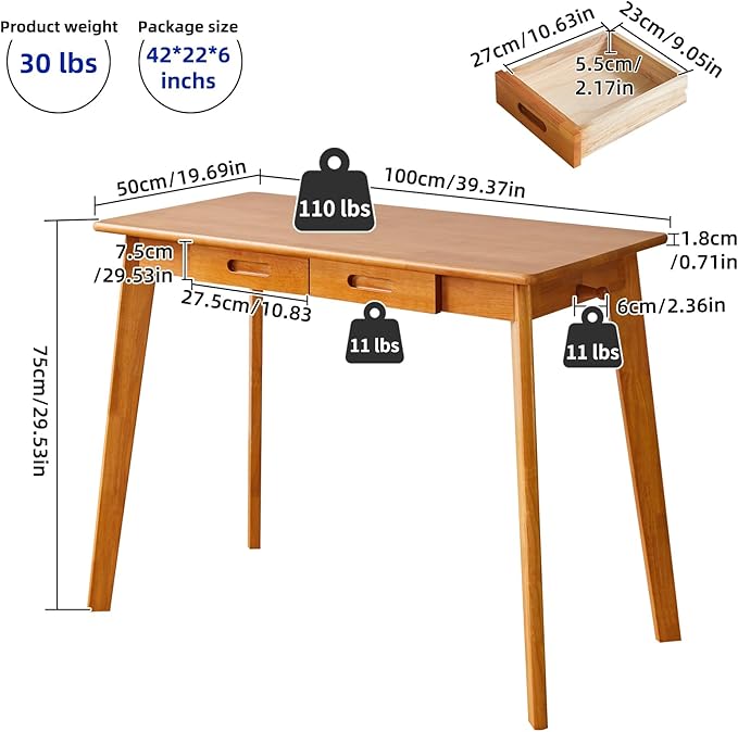 Wood Writing Desk with Drawer and Hanging Rod, Small Computer Desk Table, 39x20x30inch Work Desk, Study Desk, Small Wooden Dining Table Cherry Wood Color YD-WD01N