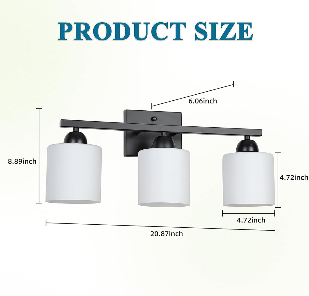 Milk Glass Vanity Lights for Bathroom, 3 Light Matte Black Bathroom Light Fixtures Over Mirror, Ceramic E26 Sockets Wall Mounted