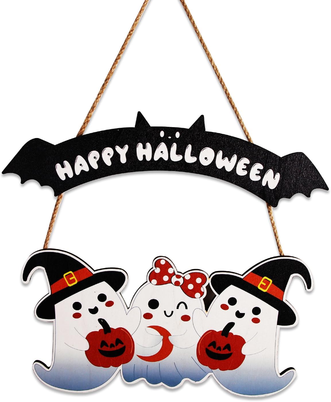 Happy Halloween Wooden Decoration Hanging Plaque Outdoor Wall 2 Pieces Cute Art Sign Wreaths with Ghost Bat Pattern for Home Wall Decor Halloween Party Outdoor Indoor