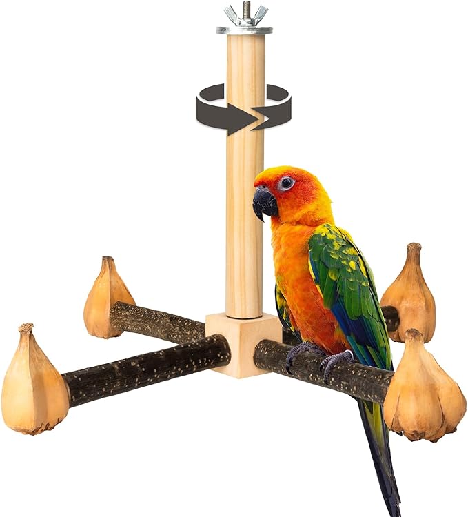 Agape Rotating Parrot Perch Toy with Chew Toy, Natural Wooden Perch Stand for Small & Medium Birds, Bird Cage Accessory with Exercise Wheel for Parakeets Cockatiels Lovebirds Conures Finches Budgies