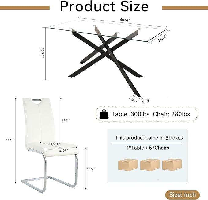 Modern Glass Dining Table Set for 6, Black Glass Kitchen Table and Chairs Set of 6, 7 Piece Dining Room Table Set with 61" Rectangular Metal Glass Dinner Table and 6 White Leather Dining Chairs