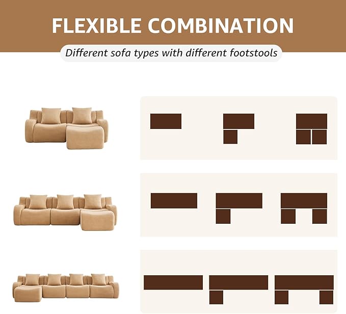 Camel Modular Cloud Couch Loveseat with 1 Ottoman, Teddy Fabric Boneless Sectional Sofa in a Box, Comfortable Floor Sofa for Living Room, No Assembly Required, Sofas para Sala