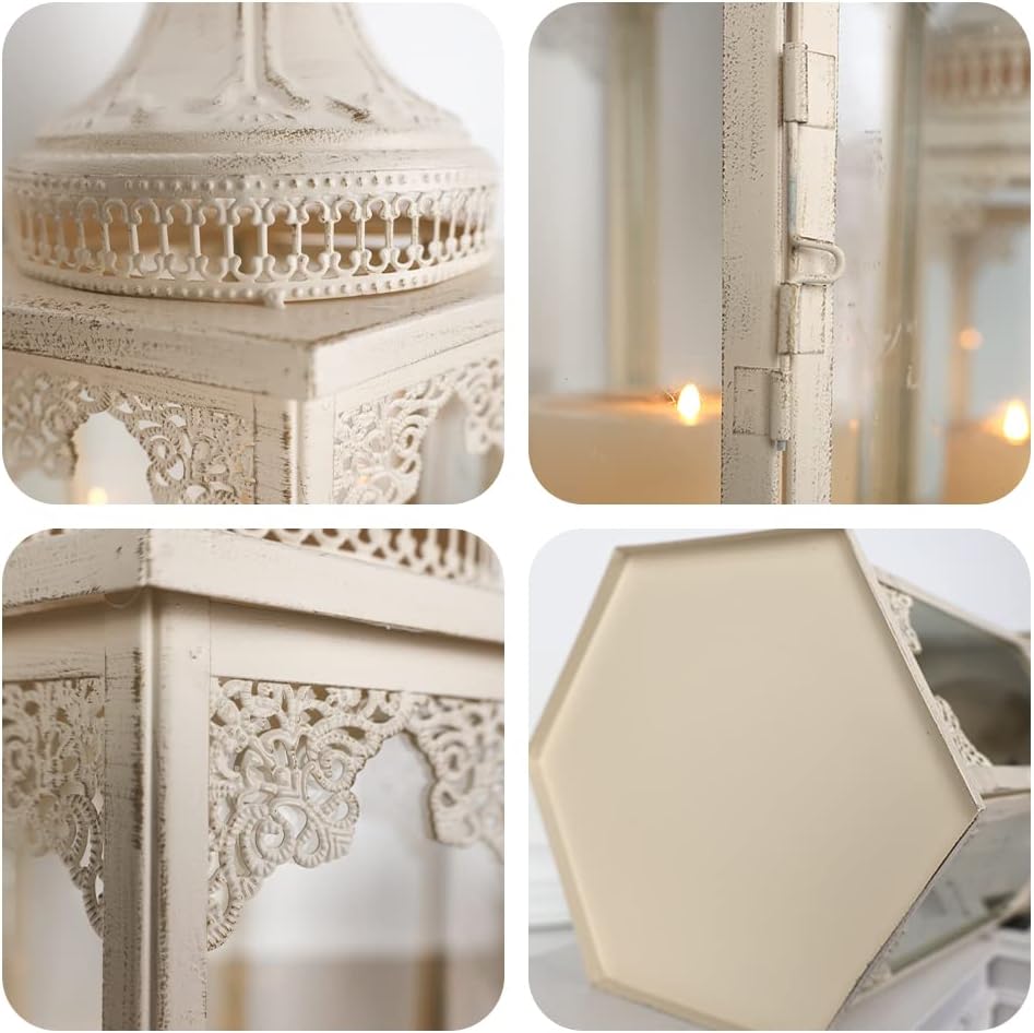 NEEDOMO Lanterns Decorative Outdoor & Indoor, Set of 2 Outdoor Lanterns for Porch,Large Candle Lantern, Beige Metal Frame with Glass for Fall, Christmas