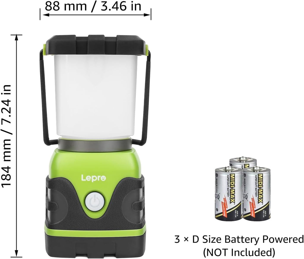 Lepro 1500LM Battery Powered LED Camping Lantern, Waterproof Tent Light with 4 Light Modes, Camping Essentials, Portable Lantern Flashlight for Camping, Emergency Light, Power Outage, Not Rechargeable