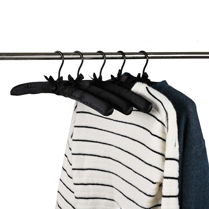 Black Satin Padded Sweater Hangers 5 Pack, Blouse Hanger with Thick & Soft Foam for Bridal Wedding Dress Lingerie, Smooth Silk Covered Shirt Hanger Without Shoulder Bump