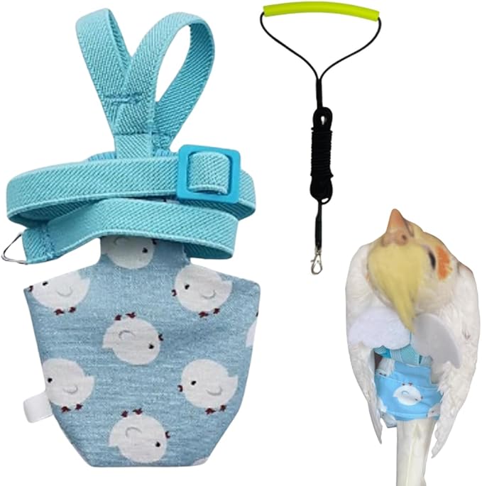 Adjustable Bird Diaper Harness Flight Suit Clothes with 80 Inch Flying Leash Rope for Parrots Conure Cockatiel (Blue,Macaw)