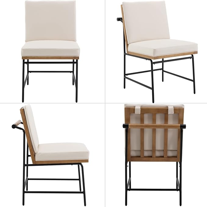 Modern Dining Chairs Set of 6, Comfy PU Leather Side Chairs Upholstered with Backrest Black Metal Legs for Dining Room Living Room, Beige