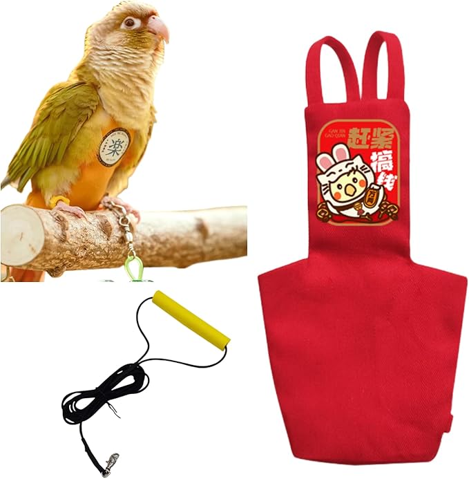 MANON ROSA Bird Diapers Leash Set Washable Reusable Handmade Flight Suit Waterproof Inner Layer - Protective Parrot Nappy Clothes Parakeets Macaws Budgies Canaries (Red3,Ring-Necked Parakeet)