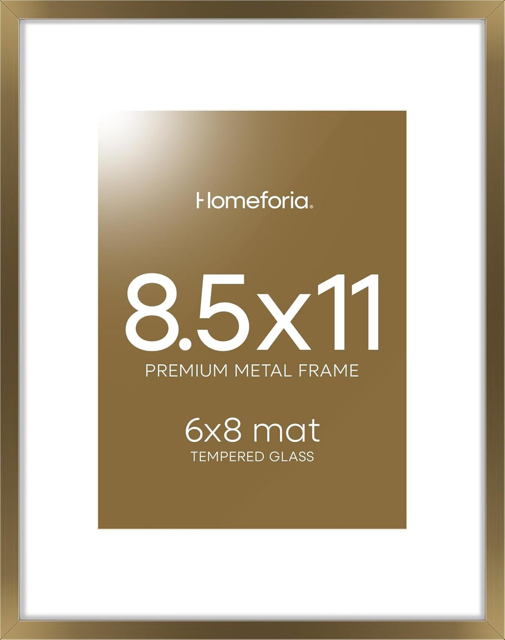 Homeforia 8.5x11 Picture Frame Bronze, High End Metal Brass Frame 8.5 x 11 with Mat 6 by 8 Photo, 11x8.5 Frames Matted to 6x8 Print, 8.5by11 Wall or Tabletop Frames, Tempered Glass, Wall Kit, Set of 1