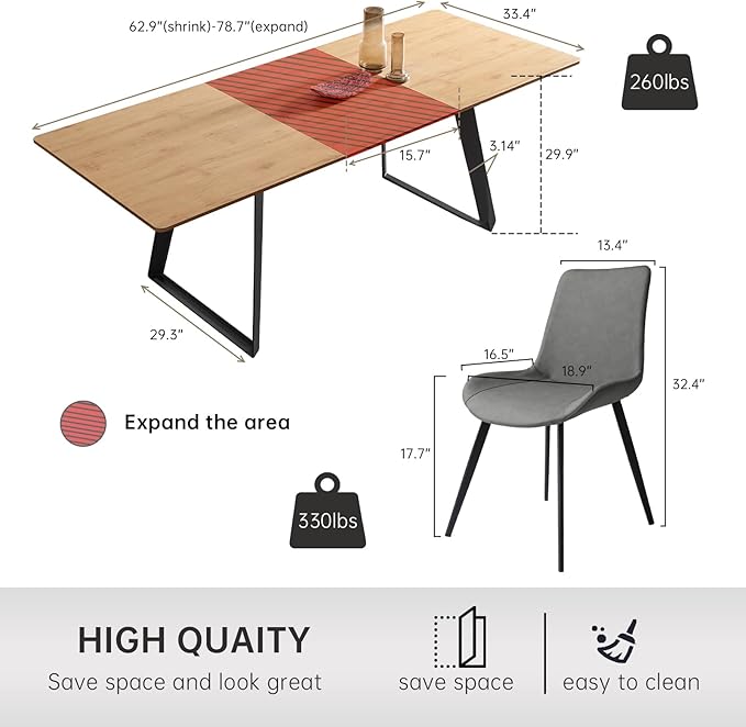 ZckyCine 63"-79" Expandable Dining Table Set for 8, Wood Table & 8 Grey Chairs, Extendable Kitchen Dining Table Set for Kitchen & Dining Room, Modern Oak & Grey
