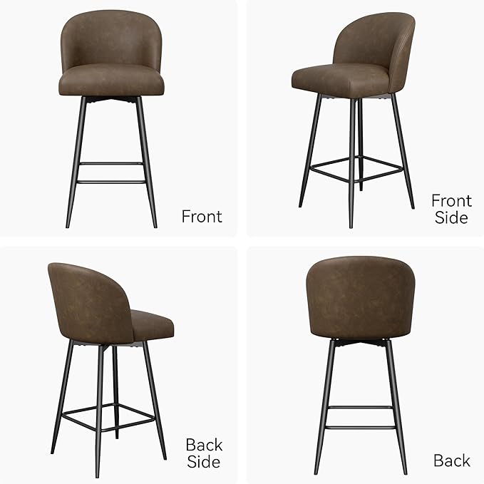 Counter Height Bar Stools Set of 2,360° Swivel Barstools with High Back and Metal Legs,26" Seat Height, Upholstered PU Leather Bar Chairs for Kitchen Island, Dining Room,Cafes,Dark Brown