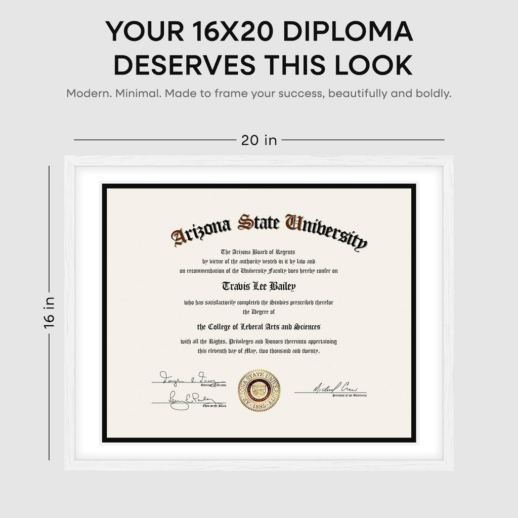 Homeforia 16x20 Diploma White Frame, High End Oak 16 x 20 Certificate Wood Frames with Mat 14 by 17 inch, 20x16 Document Frame Matted to 14x17, Wooden Degree Frames, Tempered Glass, Wall Kit, Set of 1
