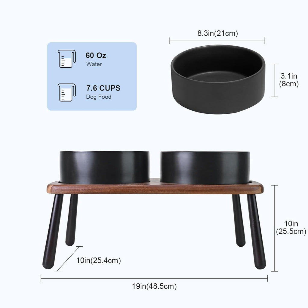 SPUNKYJUNKY Ceramic Elevated Dog Bowls Raised with Acacia Bamboo Wooden Stand, 8.3'' Dog Food Water Bowls Set Non-Slip for Medium Large Sized Breed Microwave Dishwasher Safe - 60 OZ,Black