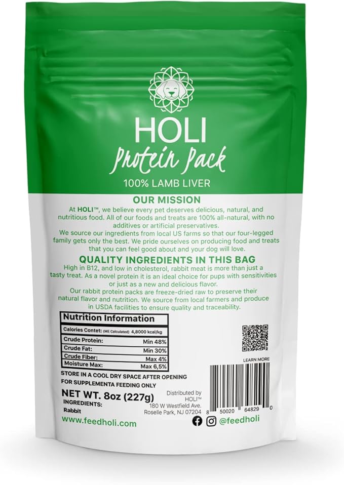 HOLI Rabbit Single Ingredient Dog Food Protein Topper - Made in USA – Human-Grade Freeze Dried Dog Food Mix in Topping – Grain Free, Gluten Free – 100% All Natural - 8oz
