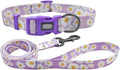 Dog Collar Leash Set, Floral Pattern, Polyester Material, Adjustable Collar and 5ft Matchcing Leash, for Large Dogs.(L, Light Purple Daisy)