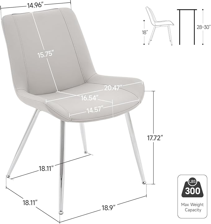 Brage Living Dining Chairs Set of 2, PU Leather Modern Armless Kitchen Dining Room Chairs, Upholstered Accent Side Chairs with Metal Legs (Light Gray)