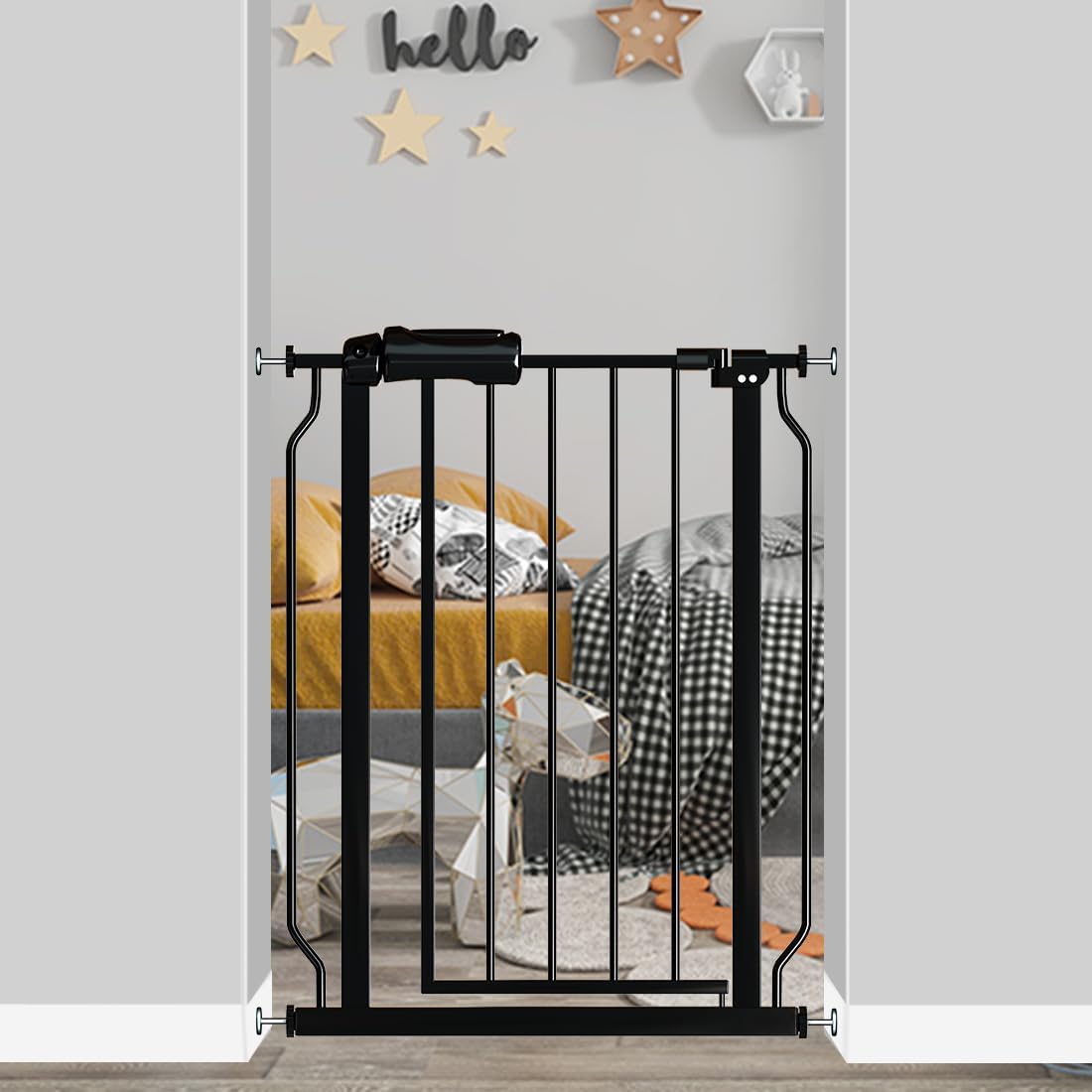 Narrow Baby Gate for Doorways Stairs, 24-29" Wide Pressure Mounted Walk Through Metal Auto Close Safety Child Gatesfor Kids or Pets, Black