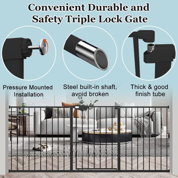 WAOWAO Triple Lock 49.21-66.54" Baby Gate Extra Wide Pressure Mounted Walk Through Swing Auto Close Safety Black Metal Dog Pet Puppy for Stairs,Doorways,Kitchen