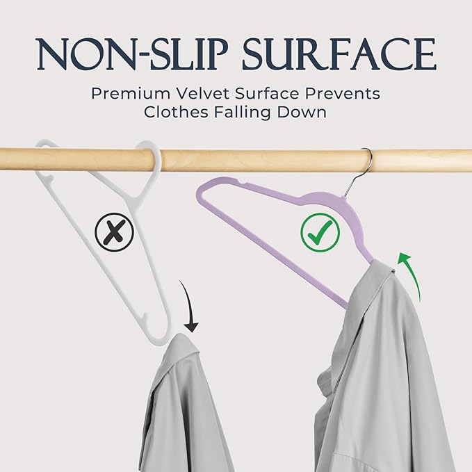 HOUSE DAY Lt-Purple Velvet Hangers 60 Pack, Non Slip Clothes Felt Hanger Heavy Duty for Coat, Premium Slim Space Saving Suit Hangers for Closet Organizer, 360° Rotating Silver Hook
