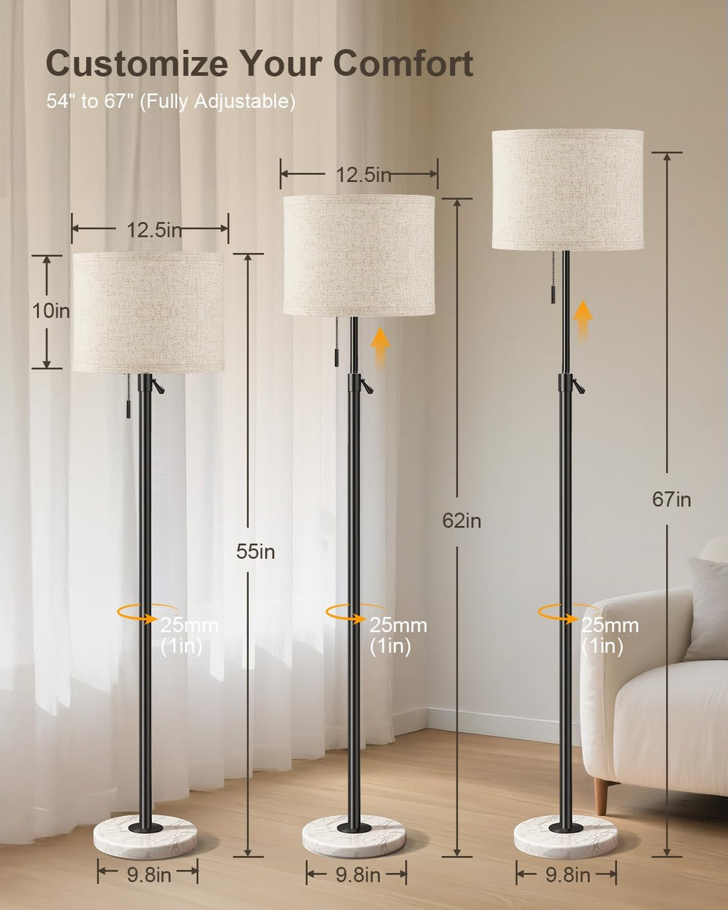 Floor Lamp for Living Room - Adjustable Height Standing Lamp with Marble Base & Linen Shade - Tall Pole Floor Light with 3 Color Temperatures Bulb for Bedroom, Reading - Easy Assembly