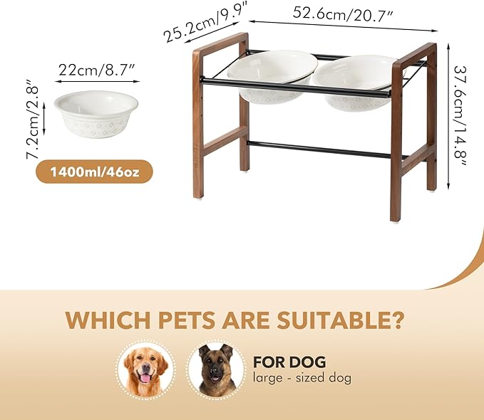 8.7inch Ceramic Adjustable Raised Double Bowls Set with Stand, 3 Heights Elevated, 2 Placement Options, Food and Water Dishes for Large Dog(Double Bowls+Stand, Reactived Glaze -White)