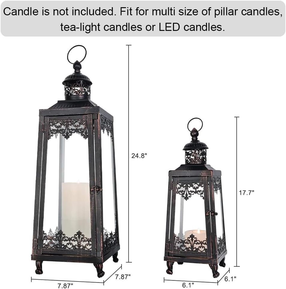 NEEDOMO Lanterns Decorative Outdoor & Indoor, Set of 2 Outdoor Lanterns for Porch,Large Candle Lantern, Bronze Metal Frame with Glass for Fall, Christmas