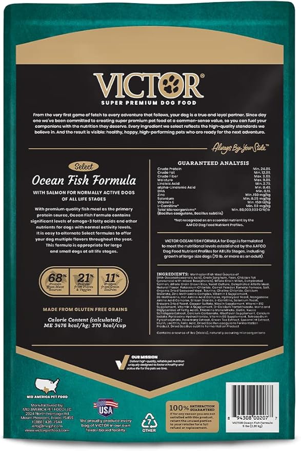 VICTOR Super Premium Dog Food – Select Ocean Fish Formula with Salmon – Omega-3 and Omega-6 Enriched Gluten-Free Dry Kibble for All Normally Active Dogs of All Life Stages, 5lbs