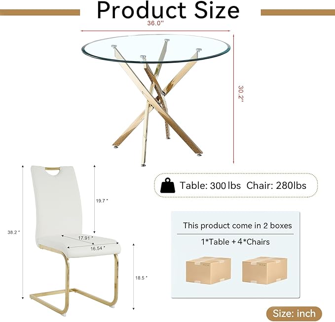 Goujxcy 5 Pieces Round Dining Table Set for 4, Modern Gold Glass Kitchen Table and Chairs for 4 with Upholstered Chairs, Circle Coffee Dining Table Set for Small Space,Apartment,Office