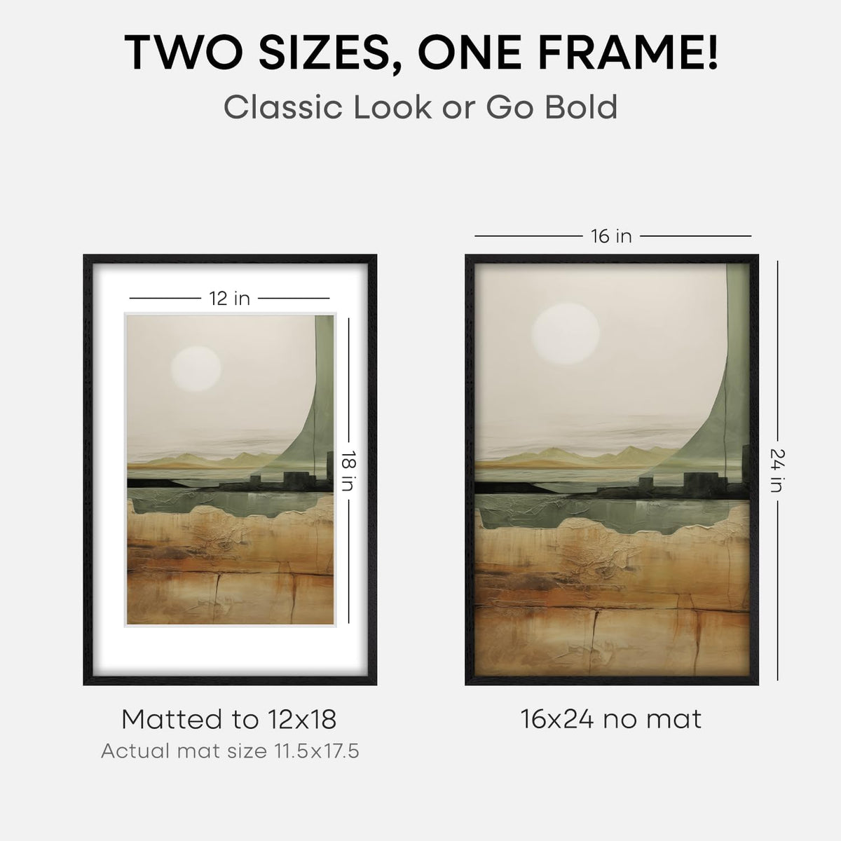 Homeforia 16x24 Black Wood Frame, High End Oak 16x24 Picture Frames with Mat 12x18 Photo, 16 x 24 Wooden Poster Frame Matted to 12 by 18 Print, 24x16 Hanging Frames, Tempered Glass, Wall Kit, Set of 1