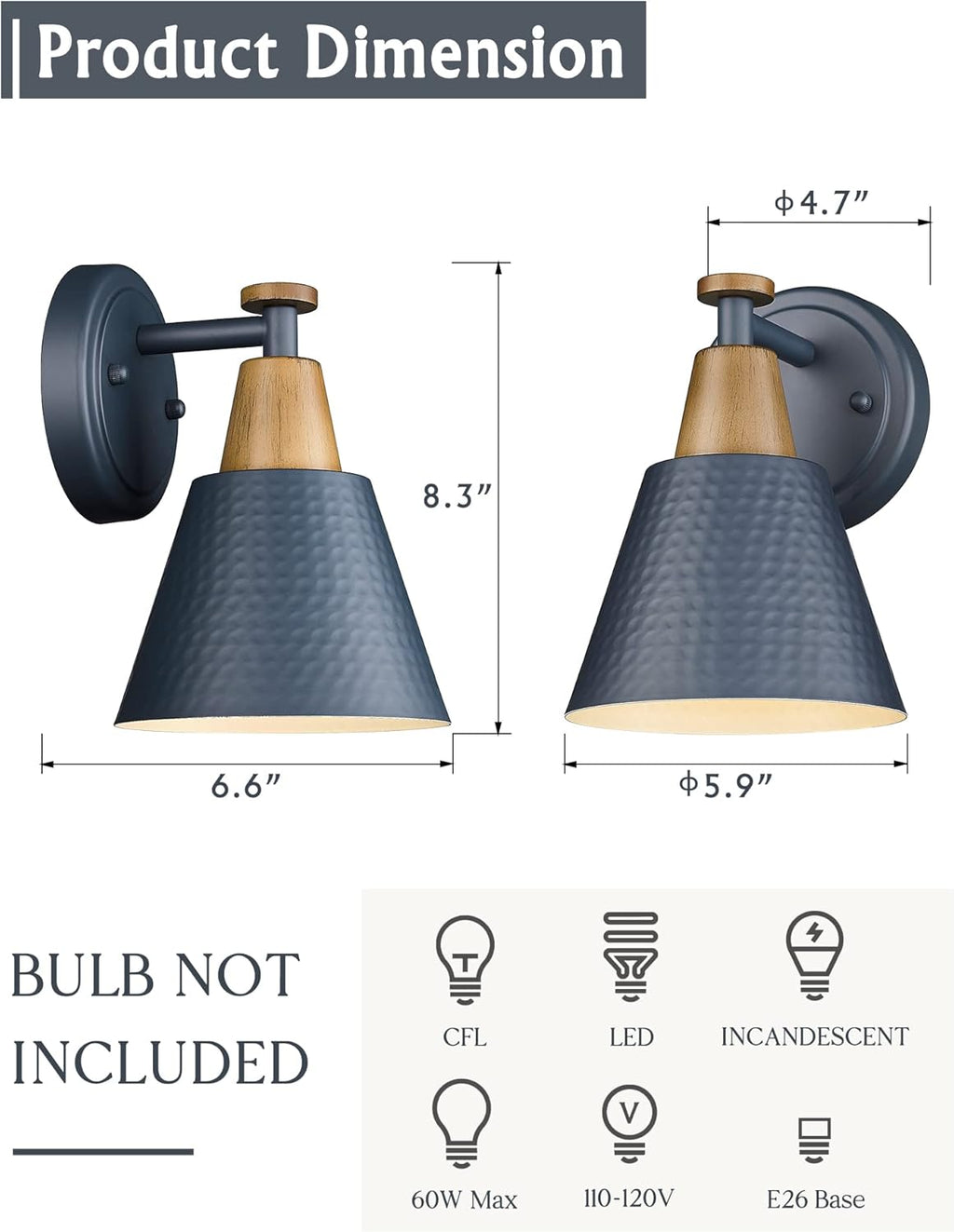 FEMILA 1-Light Wall Sconces, Modern Sconces Wall Lighting with Hammered Metal Shade, Bathroom Vanity Light Fixtures Wall Lamp for Mirror Bedroom, Dark Blue,4FG59B Blue