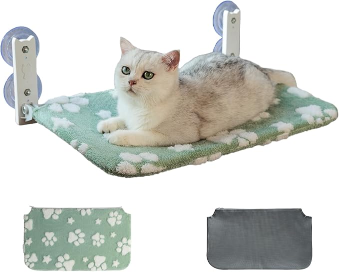 Cat Window Perch, Foldable Cat Window Hammock with Cute 3D Textured Flower Cover, Breathable Mesh Cover and Strong Suction Cups, Cordless Window Seat Bed for Indoor Cats (Green, Medium)
